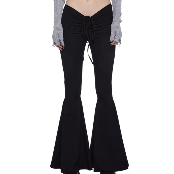 Dolls Kill Darker Wavs Fader V-Cut Washed Bell Bottoms Black Flare Leggings S - Picture 6 of 6